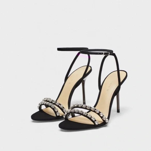 Black Zara Heeled Sandals With Rhinestone Straps Zara Shoes Zara